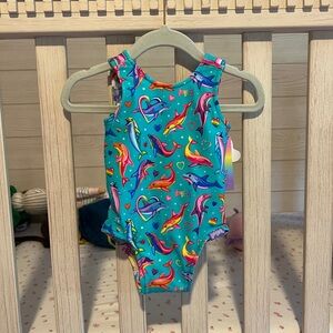 NWT Posh Peanut x Lisa Frank Dancing Dolphin Reversible Swimsuit 18-24 mos